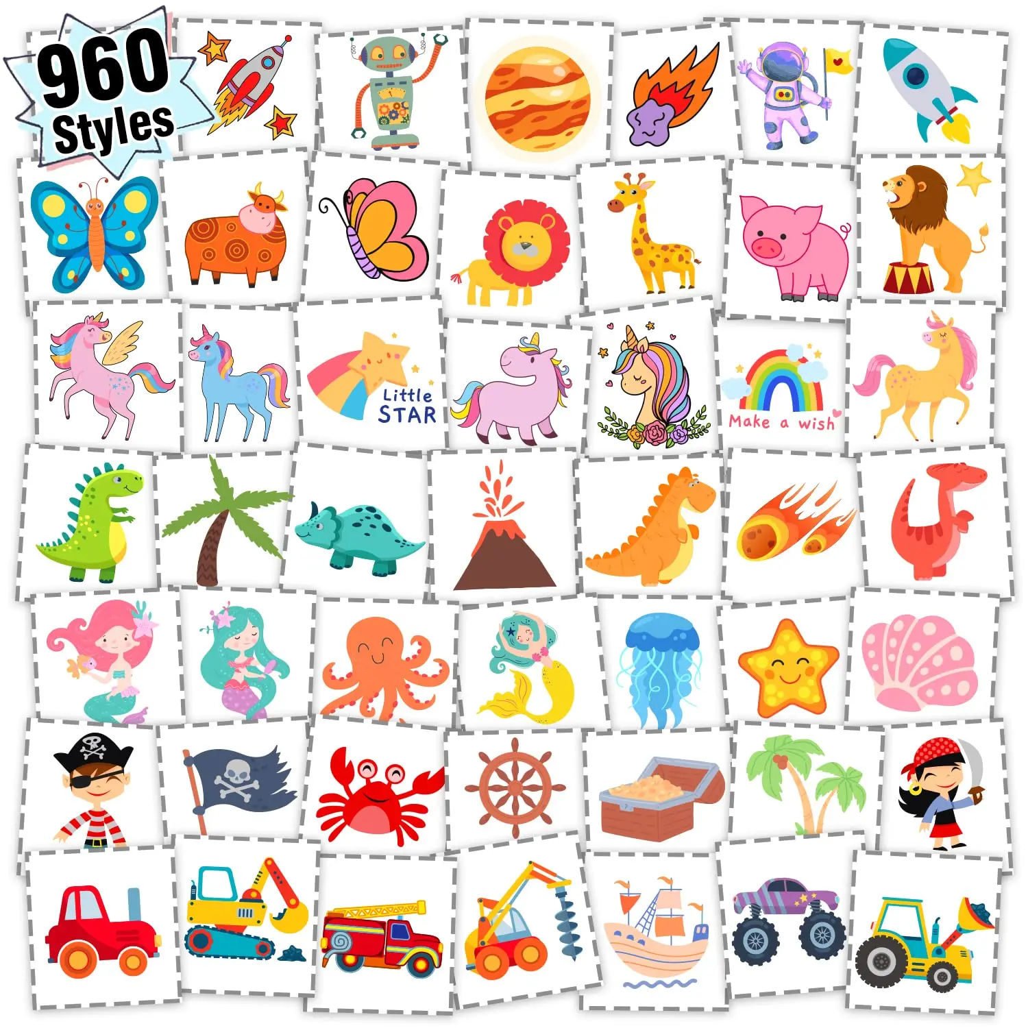 

960 PCS Individually Wrapped Temporary Tattoos for Kids, Cute Bulk Tattoo Stickers for Birthday Party Favors & Christmas Games