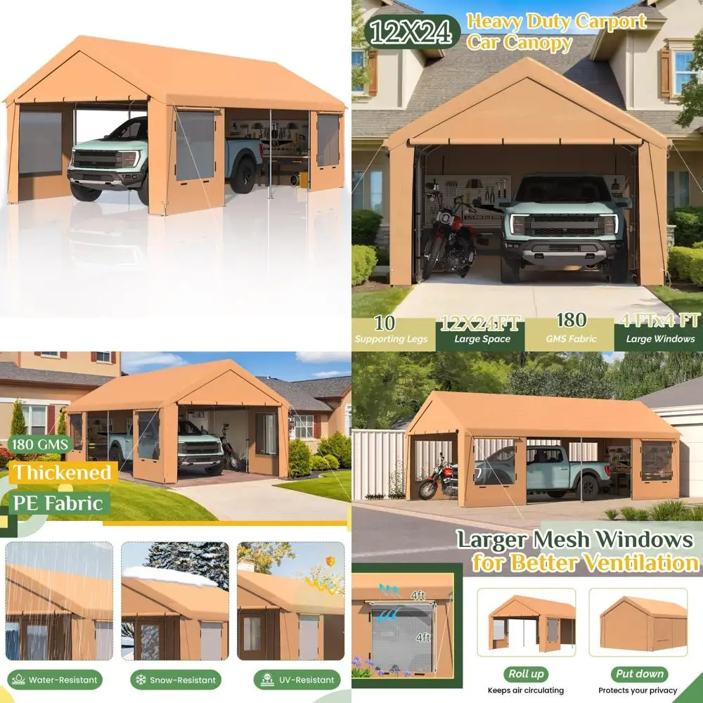 

Сверхмощный автомобильный альбом 12x24 футов с закатанными окнами, портативный гараж, съемные боковые стенки, автомобильный навес с защитой от песка и снега