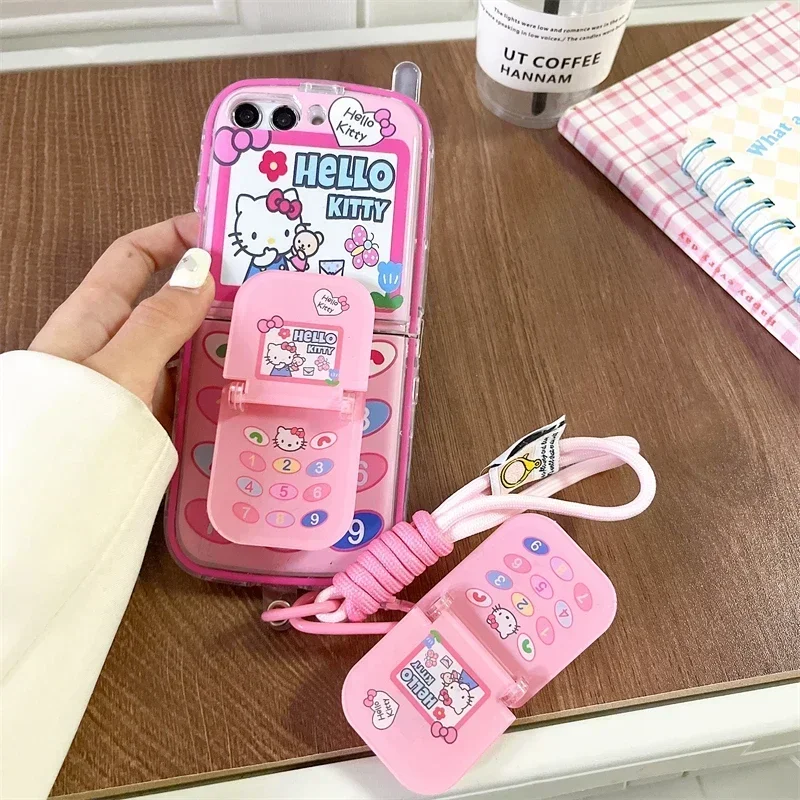 

Cute Hellos Kitties With Bracket Lanyard Phone Case for Samsung Galaxy Z Flip 3 4 5 5G PC Hard Anti-drop Back Cover Funda