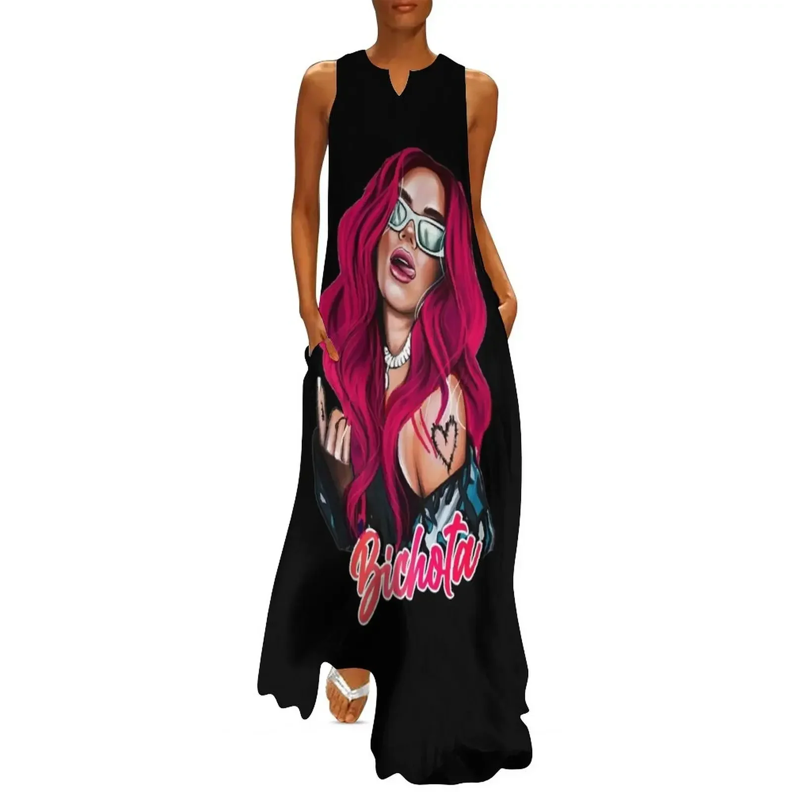 

Karol G with red Hair Illustration with Bichota Long Dress Long dress woman dress women elegant luxury Dresses Long