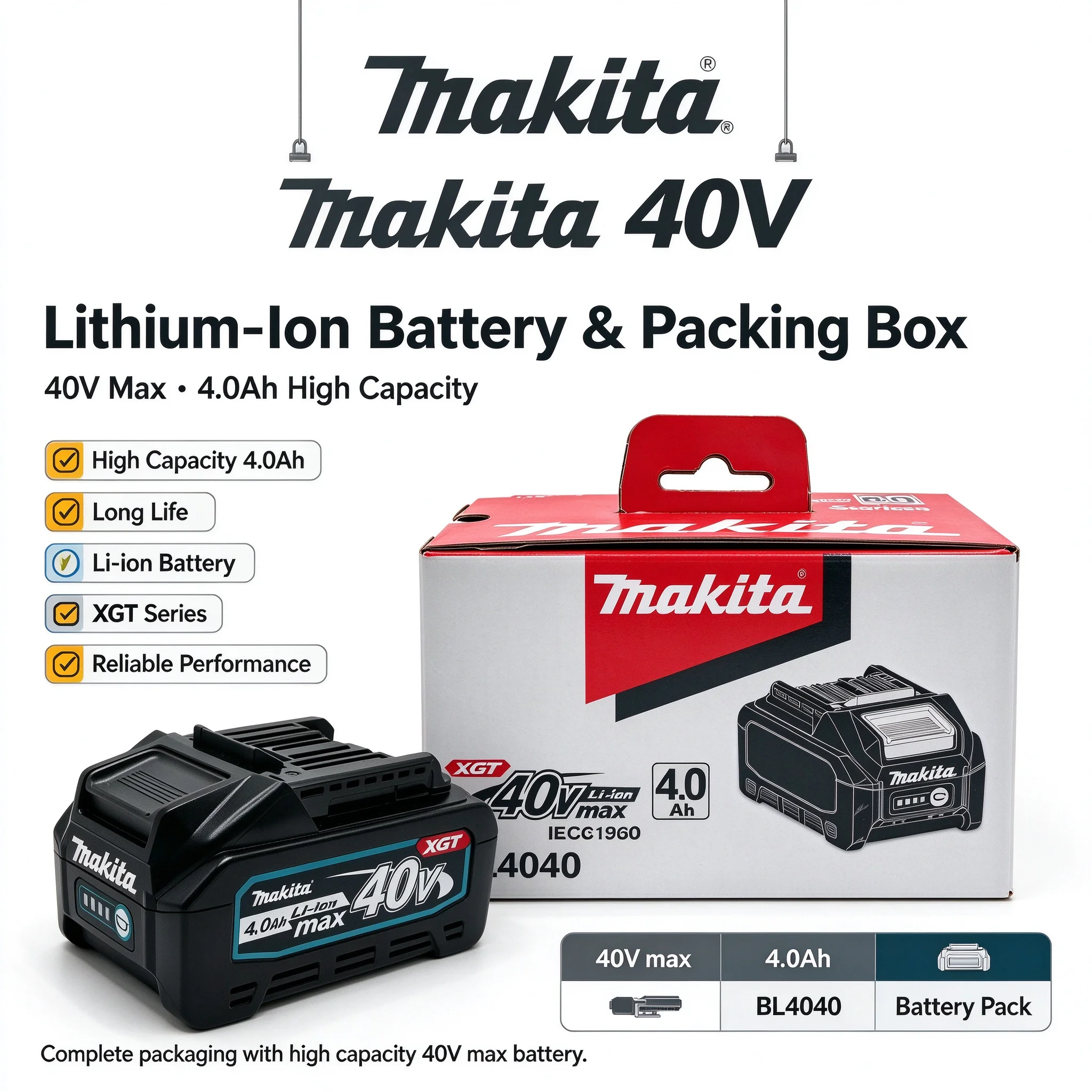 Makita BL4040 40V 4.0Ah Original Lithium Ion Battery Built From 21700 Cell Fit for Makita 40V Cordless Power Tools Impact Drill