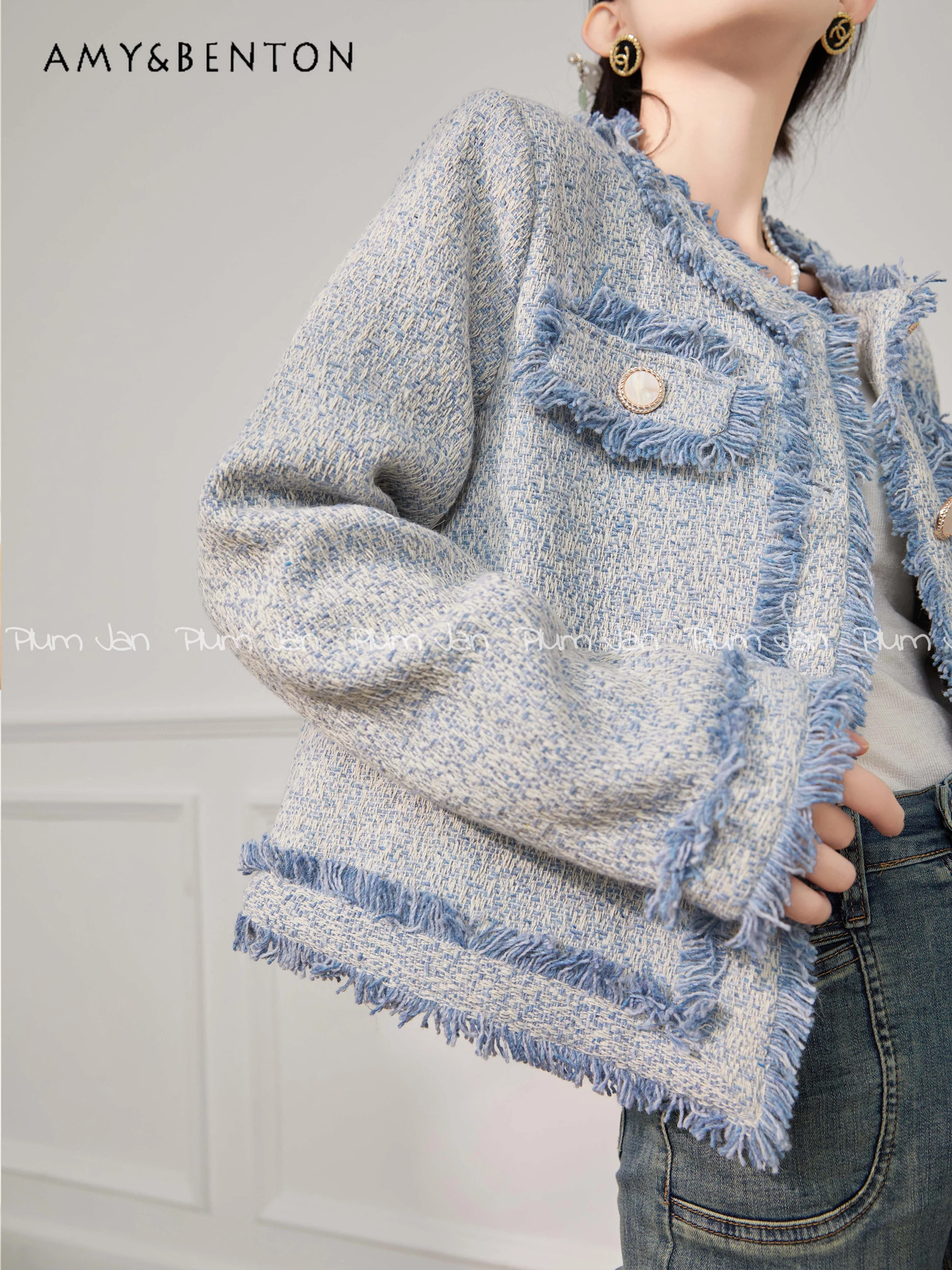 2024 Spring New High-Grade Blue Round Neck Tweed Jackets for Women French Style Temperament Fashion All-Match Wool Coat Women