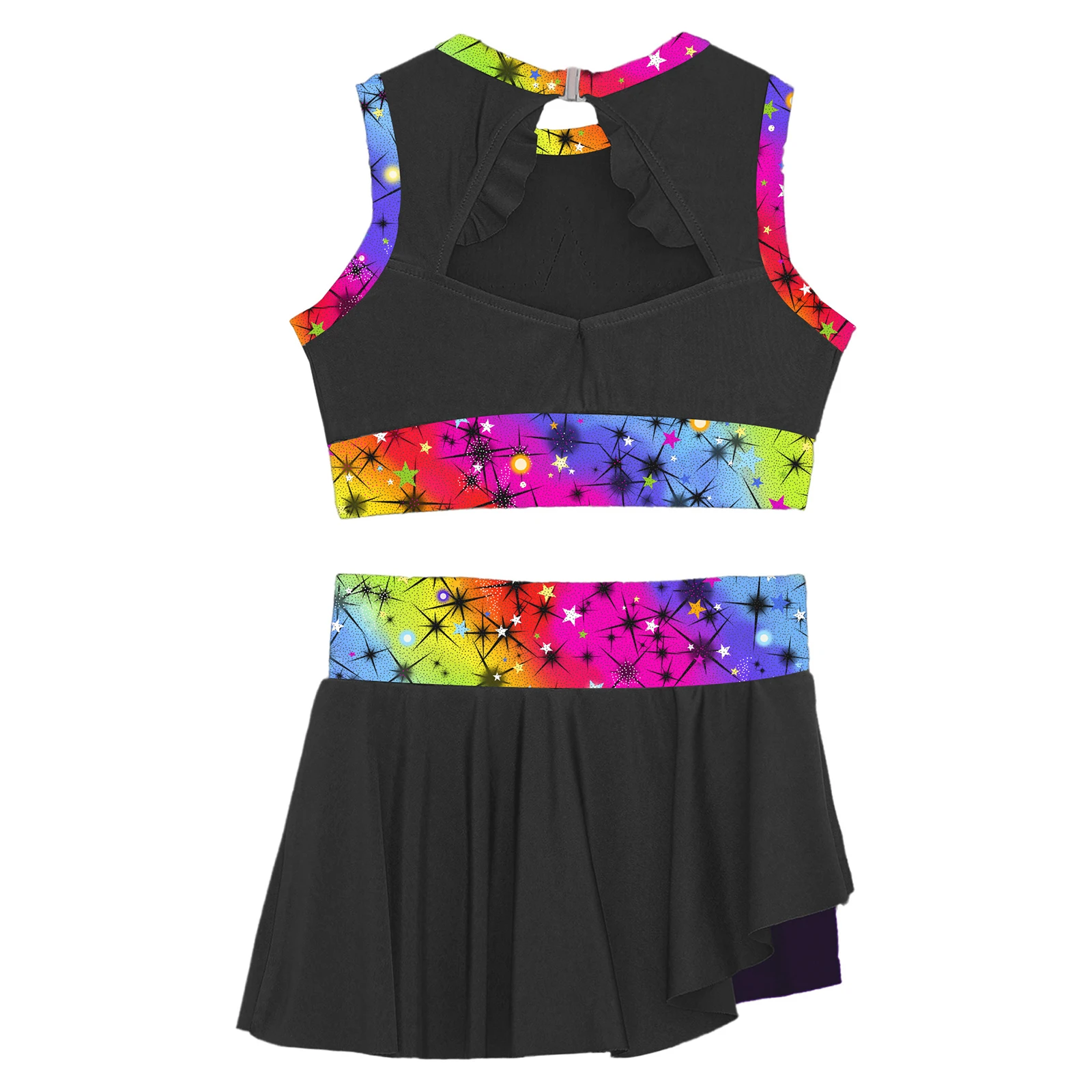 أطفال بنات الباليه الرقص الجمباز الزي بلا أكمام مطبوعة تانك الأعلى مع تنورة رياضية الهتاف Dancewear ملابس السباحة الرياضية #3