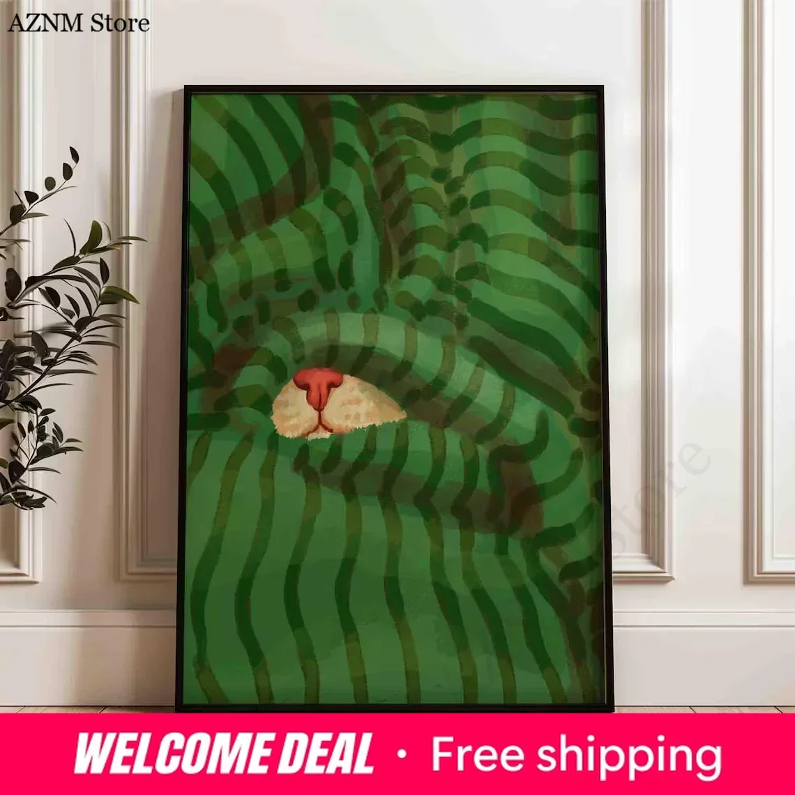 Cat in a blanket poster, modern animal print, green stripes home decor, shipped wall art