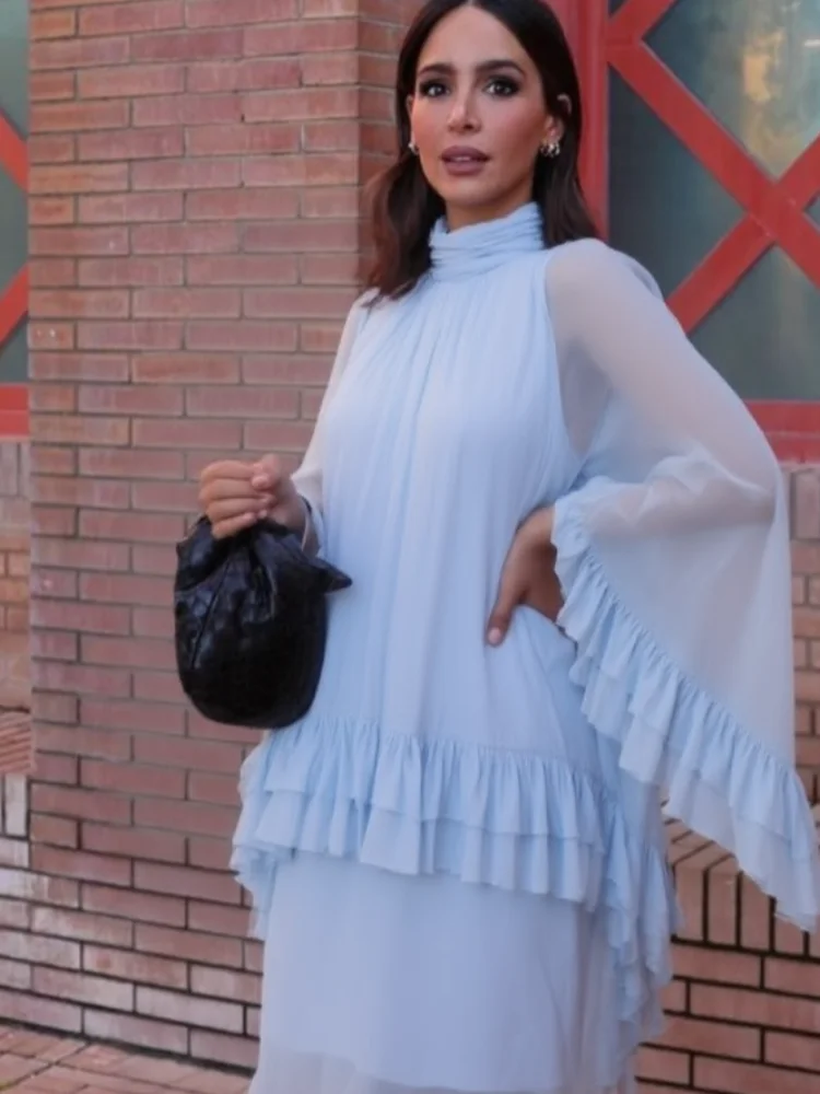 

Loose Blue Ruffles Pleated Women's Shirt Elegant Turtleneck Long Flare Sleeve Female Blouse Spring Summer Casual Lady Outerwears