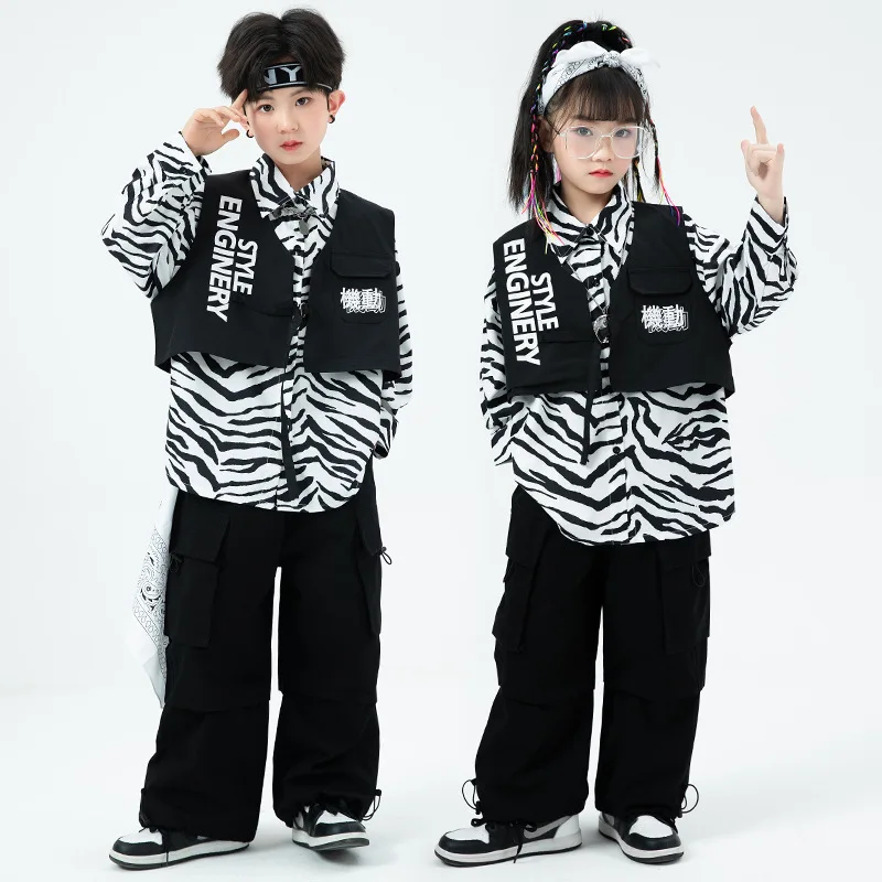 Kid Hip Hop Kleidung Streifen Druck Hemd Schwarze Weste Casual Straße Breite Tasche Cargo Hosen für Mädchen Junge Jazz Dance Kostüm Kleidung