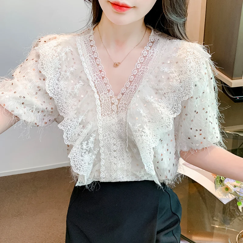 Women Elegant Ruffles Lace Sequins Sweet Chic Blouses 2024 Summer Female Fashion Sexy V Neck Short Sleeve Solid Slim Fairy Tops