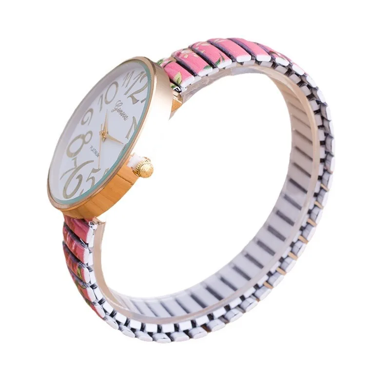 Fashion Women Elegant Embossed Flowers Printed Quartz Watch Stretch Strap Analog Large Arabic Number Dial Quartz Wristwatches