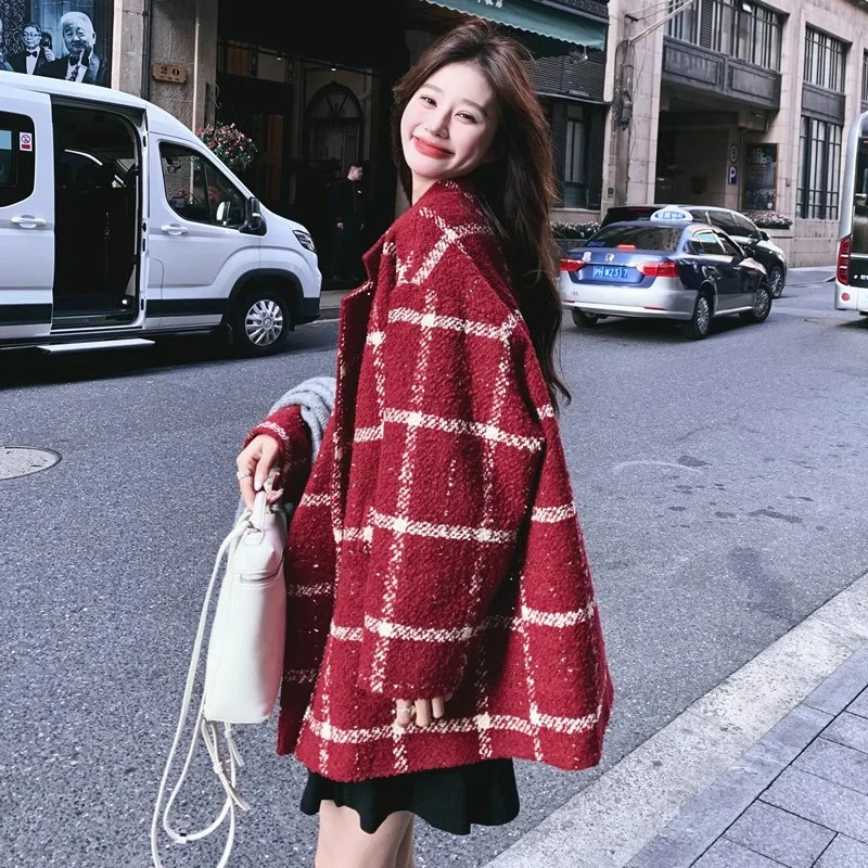 Red Checkered Down Suit Woolen Coat for Women in Their Zodiac Year 2024 Winter New Short Short Loose Thick Woolen Fabric for WLF