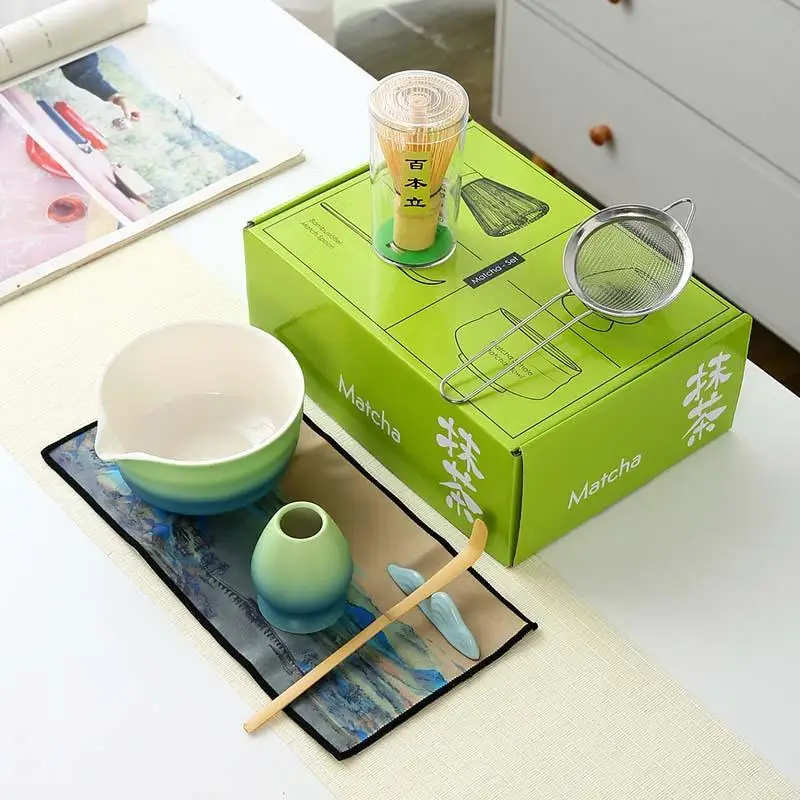 Juego de regalo Matcha tradicional degradado, cuchara batidora Matcha de bambú Natural, cuenco Ceremic Matcha, soporte para batidor, juegos de té japoneses, 2/7 Uds.