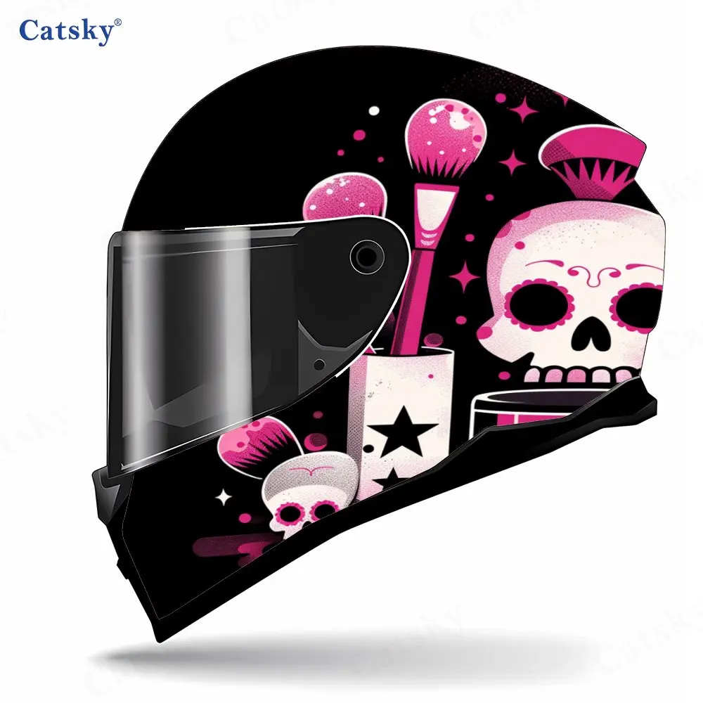 ピンク - メイクアップスカルパターンヘルメットステッカー、PVC素材の多機能ヘルメットステッカー、傷つきにくく色褪せにくい、簡単
