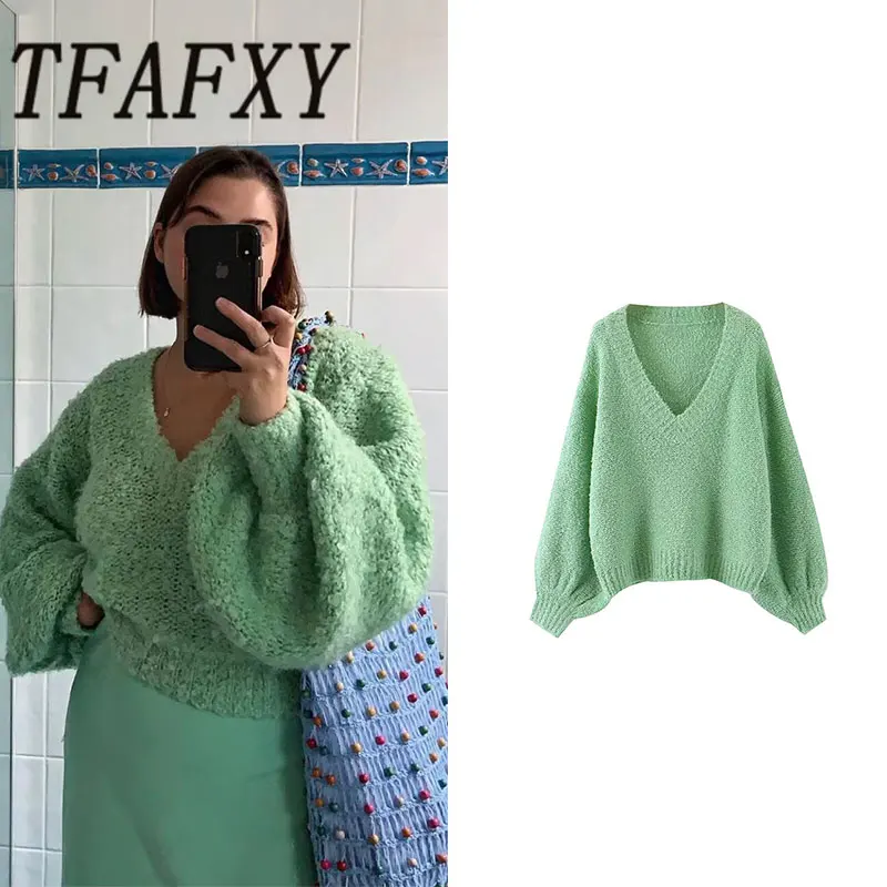 TFAFXY Casual Chic Women Sweater Solid V-Neck Pullover Long Sleeve Knitted Sweater Fashion 2026 Autumn Holiday Sweater