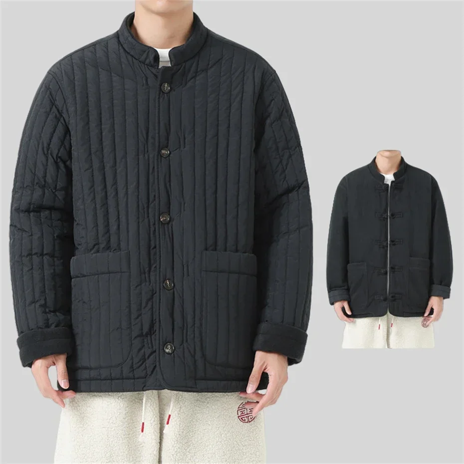 Chinese Style Harajuku Parka Mens Thick Jackets Warm Retro Corduroy Cotton Jacket Wear Both Sides Casual Solid Winter Jacket Men