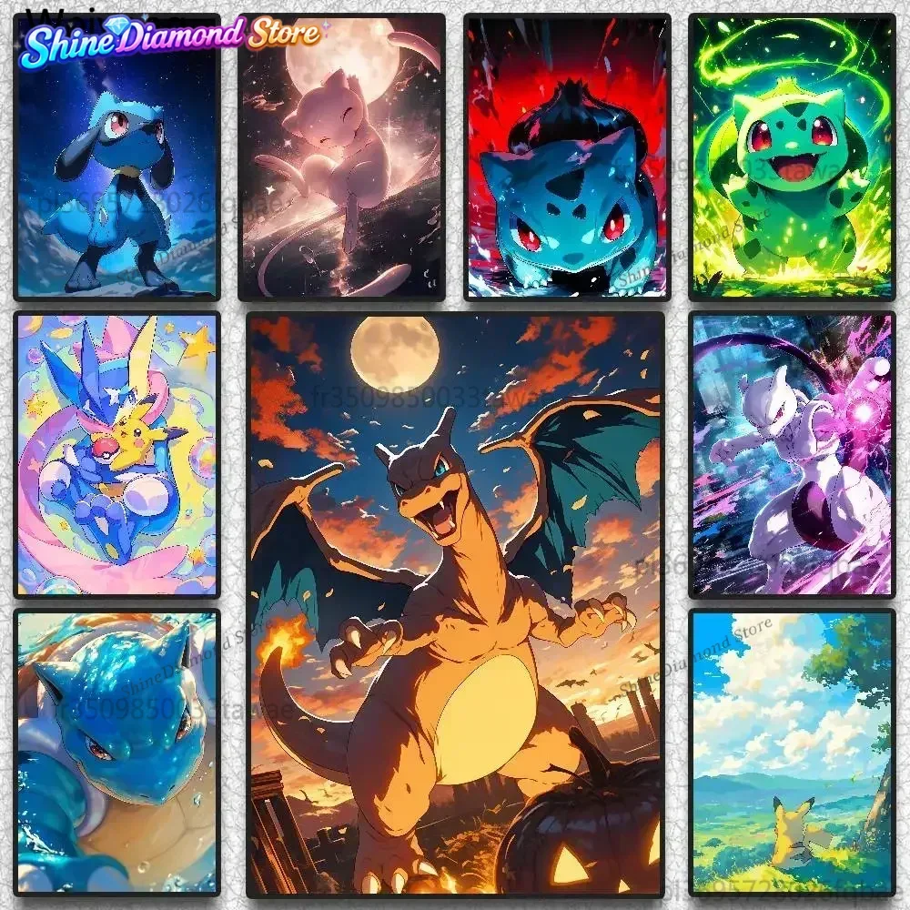 Pintura de diamantes con motivos de Charmander, Pikachu y Eevee, personajes de Pokémon, estilo anime, con diseño completo, 5D, para manualidades, ideal para niños, decoración de paredes del hogar, regalo para las fiestas.