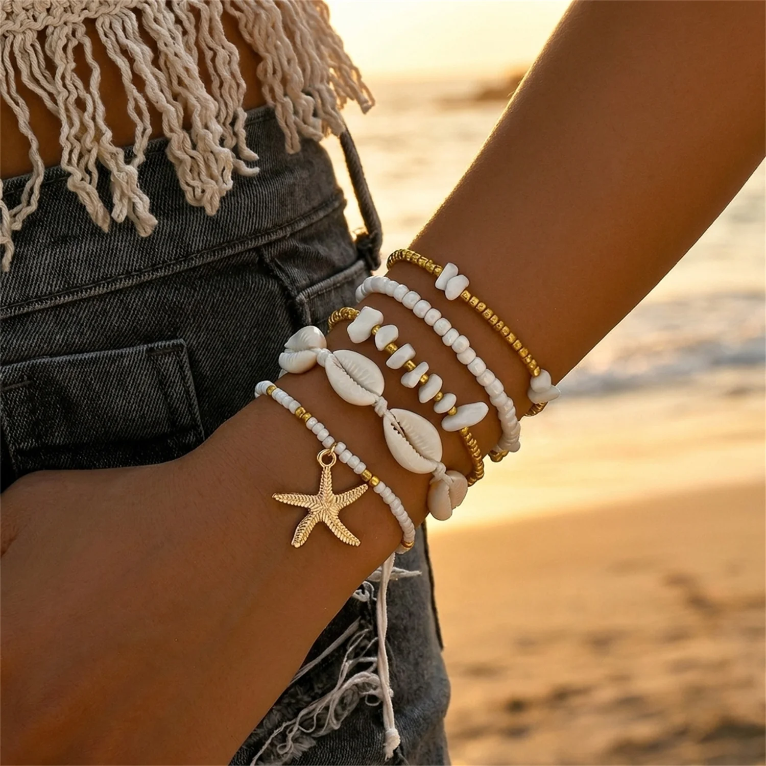 Böhmisches Resort-Stil Muschel-Perlen-Armband für Frauen, Muschel-Seestern-Kies-Armband-Set, Handgefertigter Charm-Schmuck als Geschenk – Detail 3