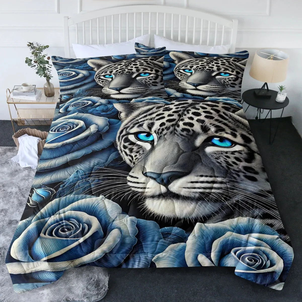 3 Pcs Blue Rose Snow Leopard Bedding Sets Black Woman with Big Earrings Bed Set Comforter with Comforter & 2 Pillowcases