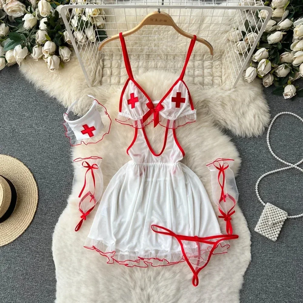 Sexy Cosplay Nurse Uniform Erotic Lingerie Babydoll Dress Flirting Underwear Women CostumeHollow Out 5 Piece Jumpsuit Dresses