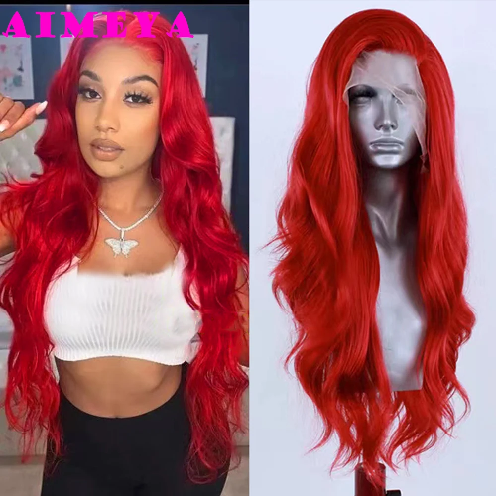 AIMEYA Hot Red Lace Front Wig for Women Girls Long Natural Wave Synthetic Wig Soft Heat Resistant Hair Daily Use Cosplay Wigs