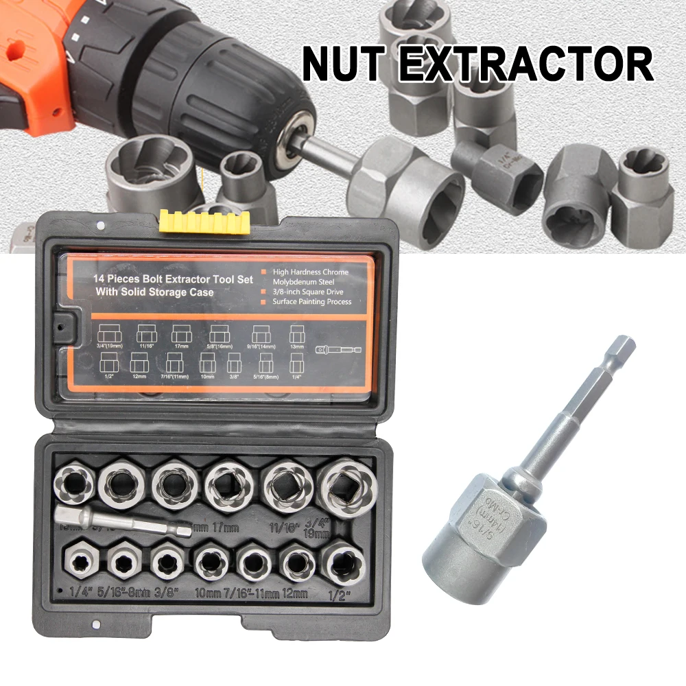 

Nut extractor 14pc set anti tooth sleeve sliding tooth anti-theft screw broken nut hexagonal disassembly tool set
