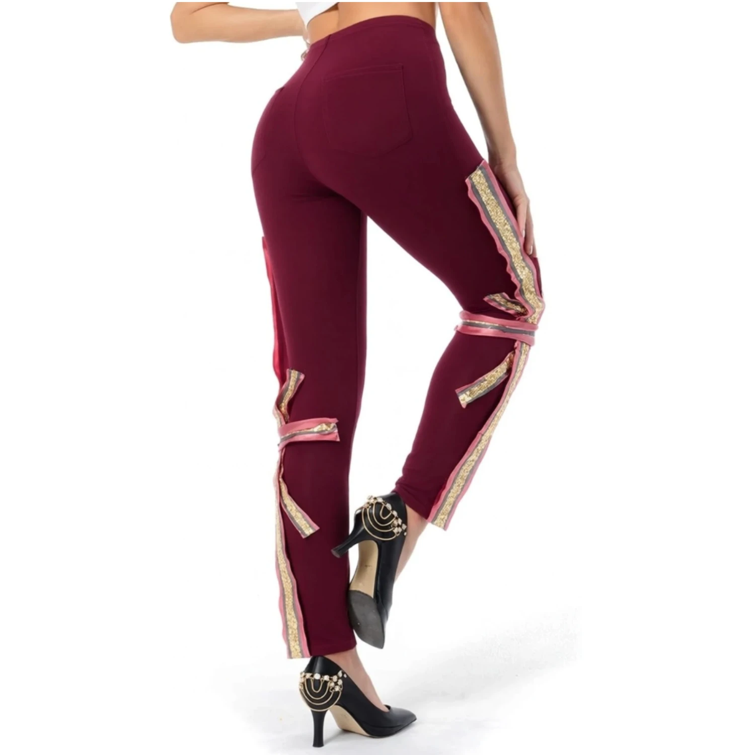 Women Glamorous Patchwork Sequin Leggings Wine Red High Rise Skinny Pants Sparkly Party Clubwear Bottoms