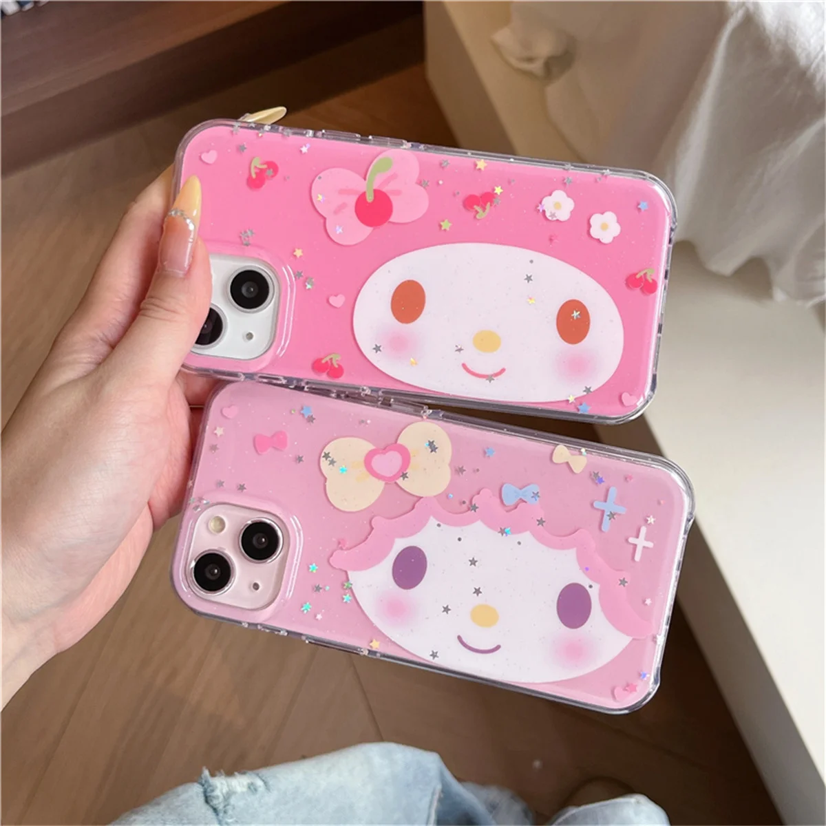 

Japanese Cute Pink Melody Phone Case For iPhone 16 Pro 15 14 Pro Max Back Cover with Plush Pendant Ring Cartoon Cases