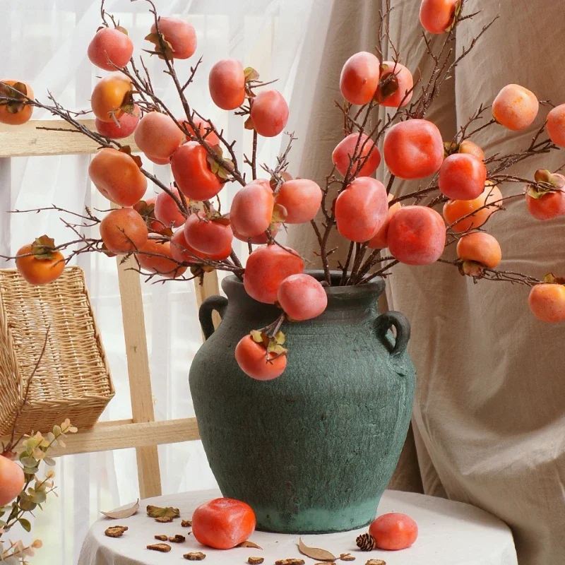 88CM Fake Fruit Tree Branch with 7-Head Persimmon Simulation Flowers for Home Decoration