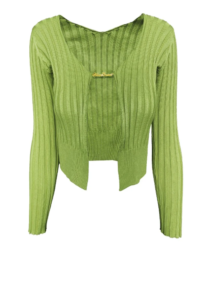 Jesienny Seksowny Sweter Rozpinany Dzianinowy Damski Y2k Złoty Metalowy Guzik Głęboki Dekolt V Długi Rękaw Krótki Top