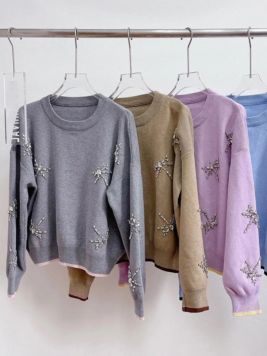 High Quality Women\'s Short Pullover Sweater Female Diamond Beading Warm Thick Winter Knitted Oversized Sweater C-236