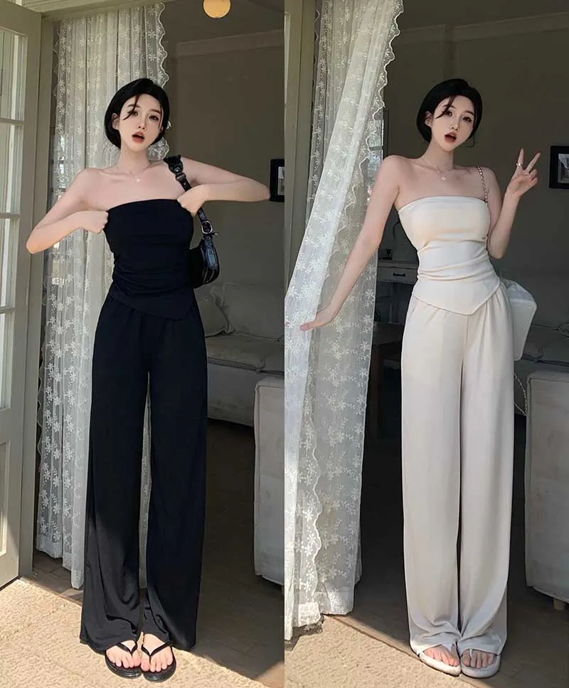 

Элегантный комплект из двух предметов: брюки с высокой талией и широкими штанинами, модный сексуальный топ-жилет. Новинка лета, женская одежда.