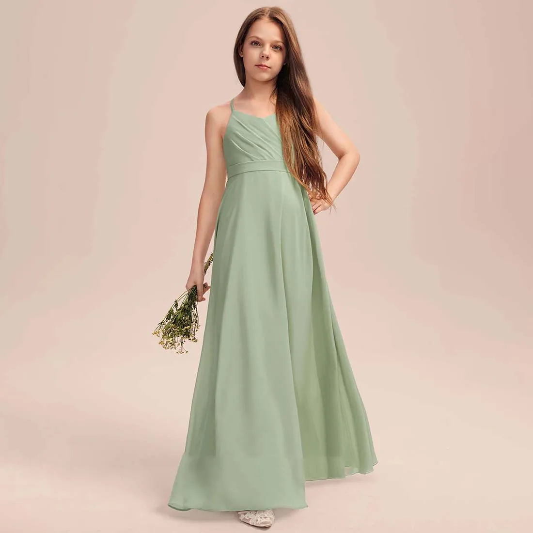 YZYmanualroom Chiffon Junior Bridesmaid Dress With Pleated A-line V-Neck Floor-Length 2-15T