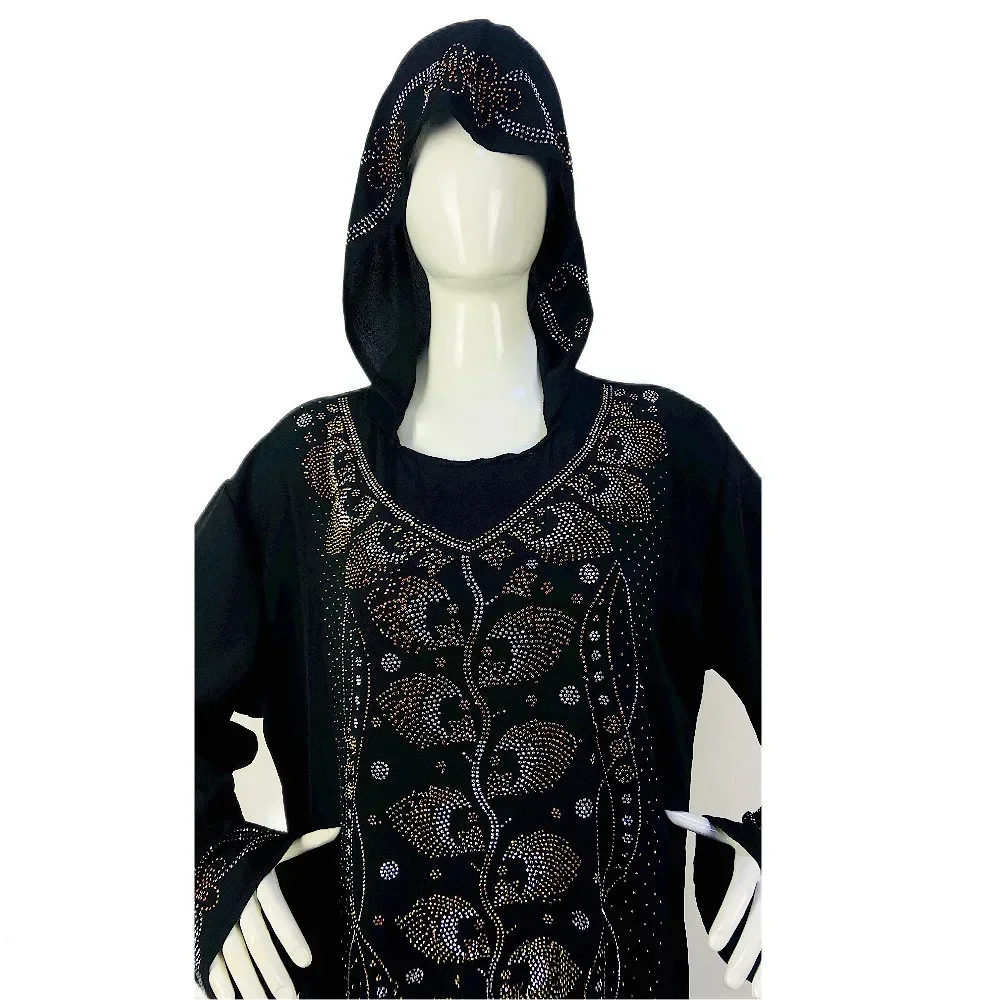 

Muslim Kaftan Abaya Dress Women Dubai Ramadan Turkish Diamonds Chiffon Hooded African Loose Boubou Beads Robe Gown Dashiki Eid