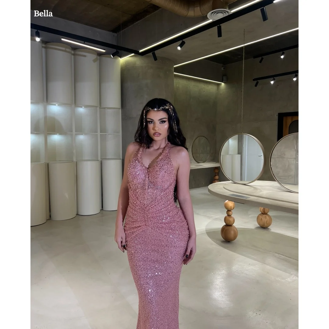

Bella Customized Pink Halter Neck Glitter Beaded robes de soirée Mermaid Party Dresses Sleeveless Floor-Length Prom Dress 2025