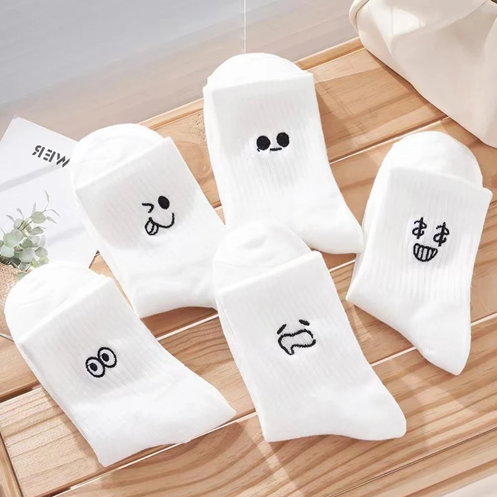 5/10 Paar weibliche weiße Cartoon-Socken, trendige, vielseitige Ausdrucksocken, schlichtes Design, weiche, atmungsaktive, bequeme Freizeitsocken