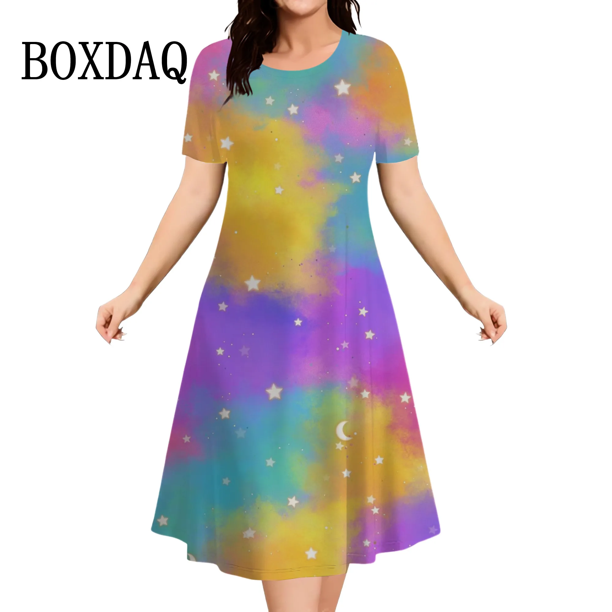 Women Dream Starry Sky Dress Tie Dye Gradient 3D Printed Short Sleeve Dress Summer Fashion Short Sleeve Loose Mini Dress Ladies