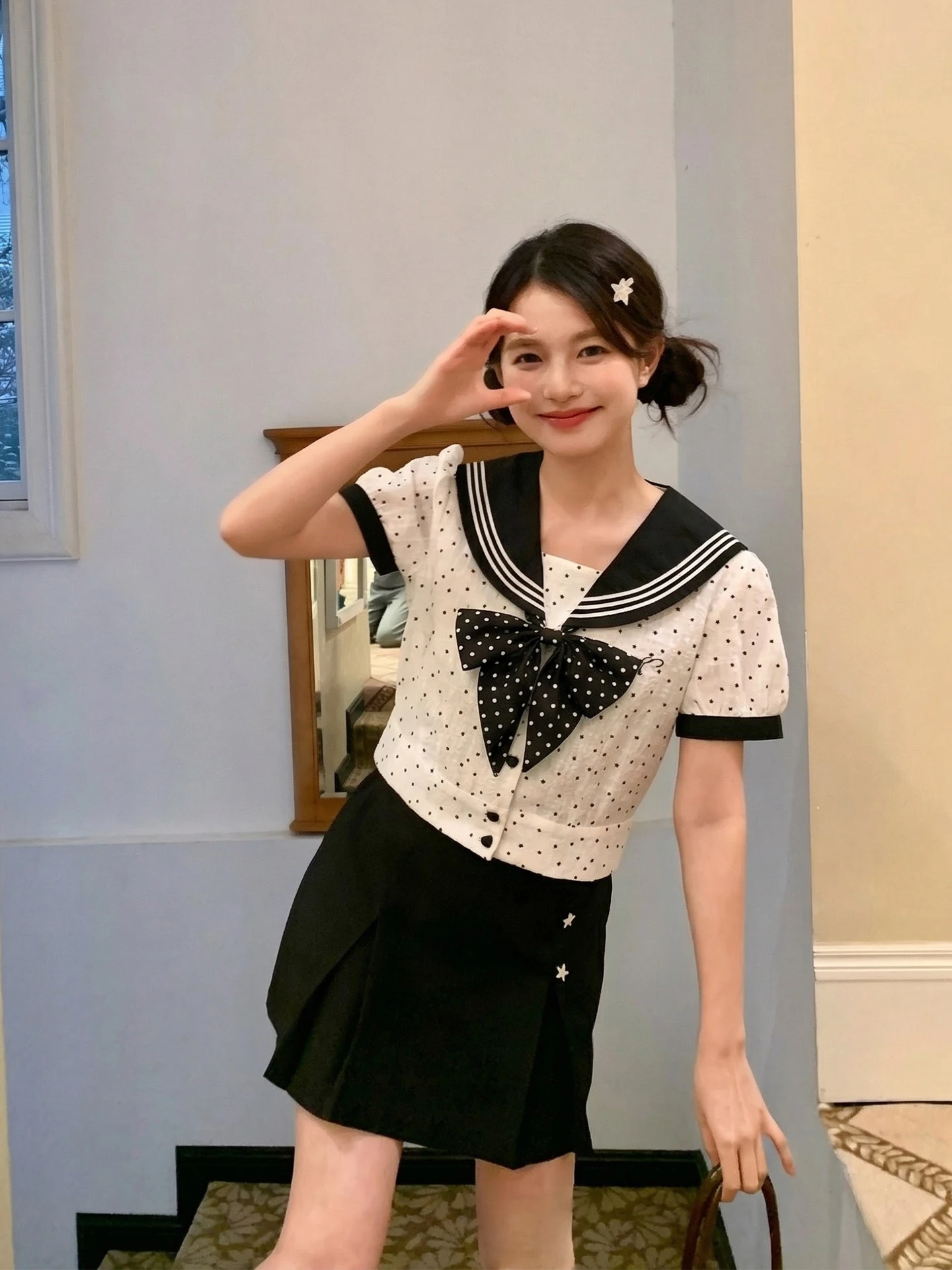 

Tokyo Annual Record JK Summer Cute Sweet Polka Dot Sailor Suit Women Small Size Japanese Style Navy Short Sleeve Set