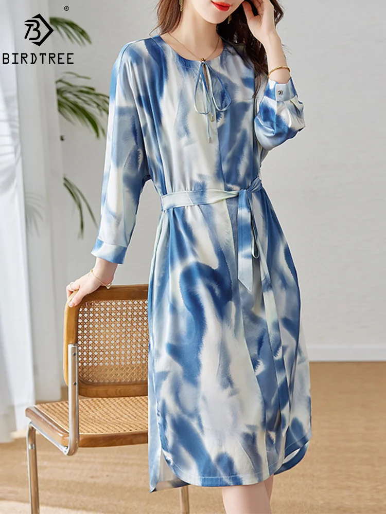 

BirdTree, 19MM 91.8%Natural Silk Elegant Dress, Women Long Sleeve Printed, Fashion Party OL Dresses, 2024 Summer Autumn D46772QM