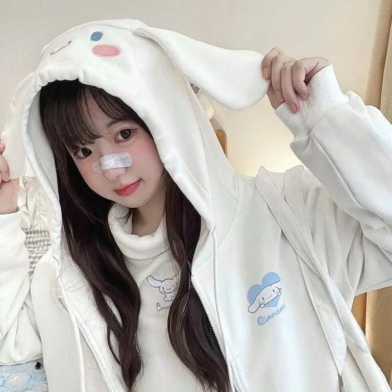 New Sanrio Kawaii Anime Outer Garment Cute Cartoon New Kuromi Cinnamoroll Embroidered Thin Loose Hooded Cardigan Jacket Hoodie