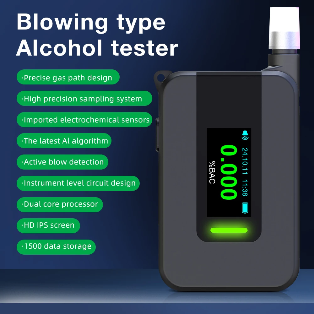 

Электрохимический тестер алкоголя D1000 Портативный алкотестер Type-C Перезаряжаемый детектор алкоголя Световая сигнализация Измеритель алкоголя