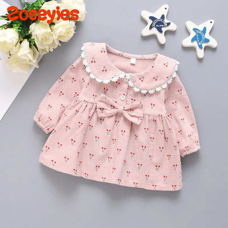 Spring And Autumn Long-Sleeved Cotton Skirt New Female Baby Dress Girl Clothing Toddler Skirt Cherry Print 0-3 Years Old