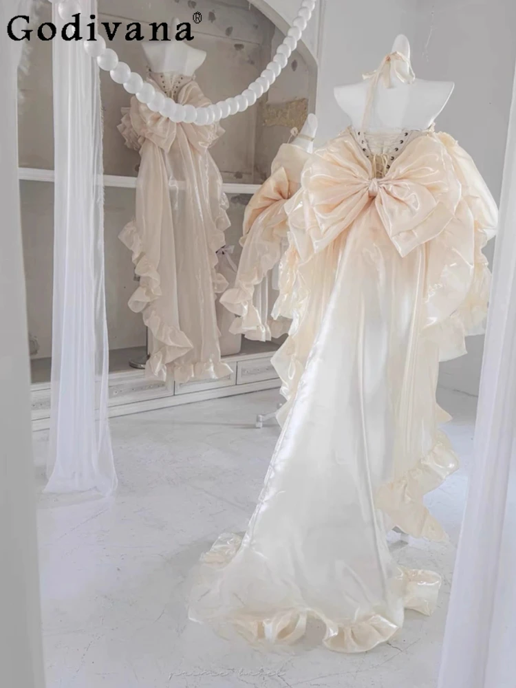 

High Street Women's Mint Golden Strapless Bow Sweet Fairy Organza Dress 2024 New Elegant Big Bow Trailing Party Wedding Dress