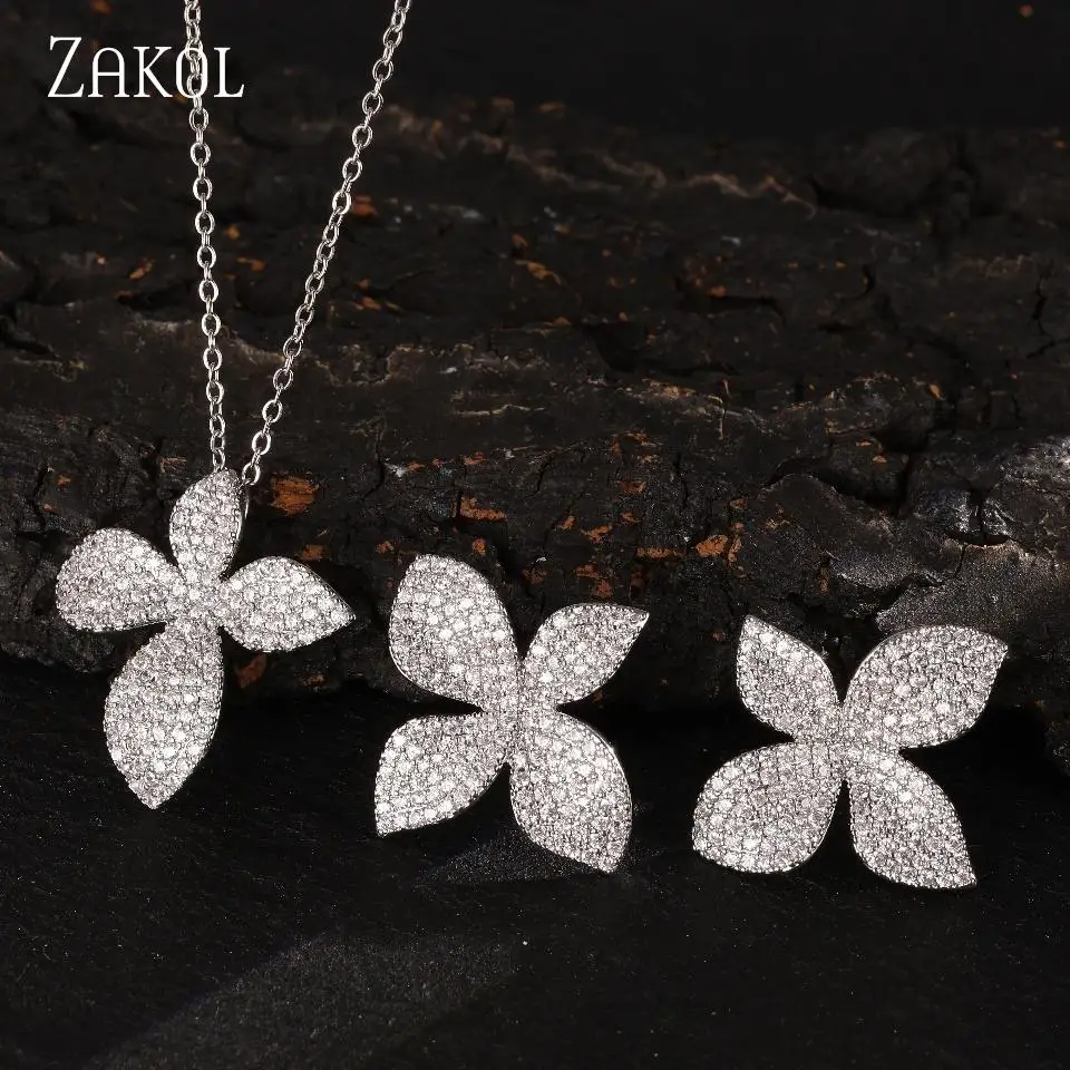 ZAKOL Petal Design Copper Micro-inlaid Zircon Simple Fashionable Women's Two-piece Set Temperament Elegant Jewelry Accessories