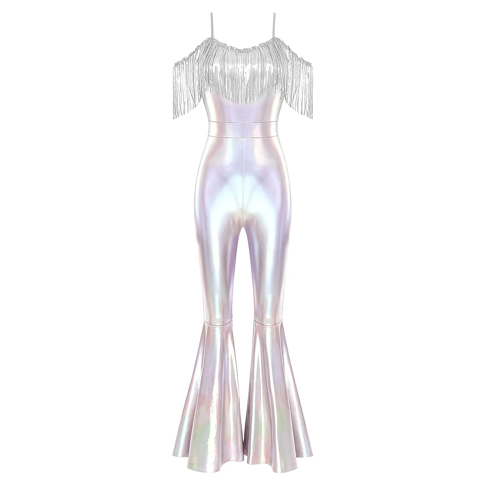 Womens Metallic Shiny Jazz Dance Jumpsuit Sequin Tassel Sleeveless Bell Bottom Long Pants Bodysuit Romper Jazz Disco Dance Wear