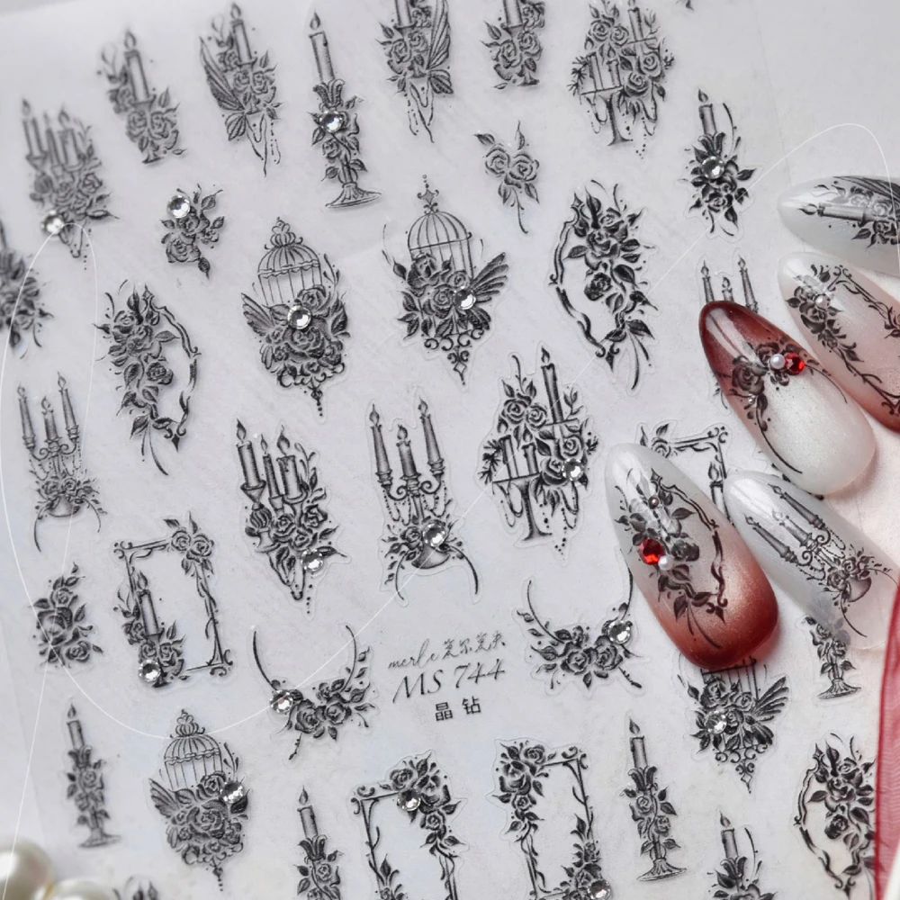 Romantische Vintage chinesisch inspirierte Rosen Blume Nail Art Aufkleber brennende Kerzen elegante Vogelkäfig Strass Maniküre Aufkleber DIY