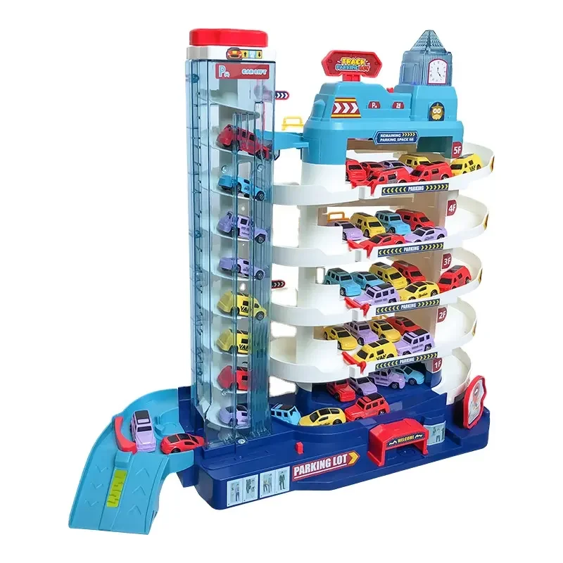 รถรางไฟฟ้า 6 ชั้นอาคารที่จอดรถผจญภัยแข่งรถรางของเล่นเด็กสมอง Mechanical Interactive Rail ของขวัญ