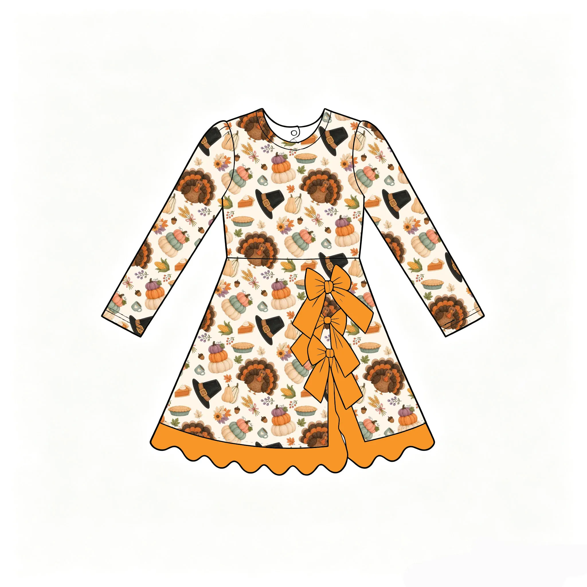 Toddler Girls Thanksgiving Dress Long Sleeve Pumpkin Chicken Print Bow Decoration Safety Pants Buttons on Back