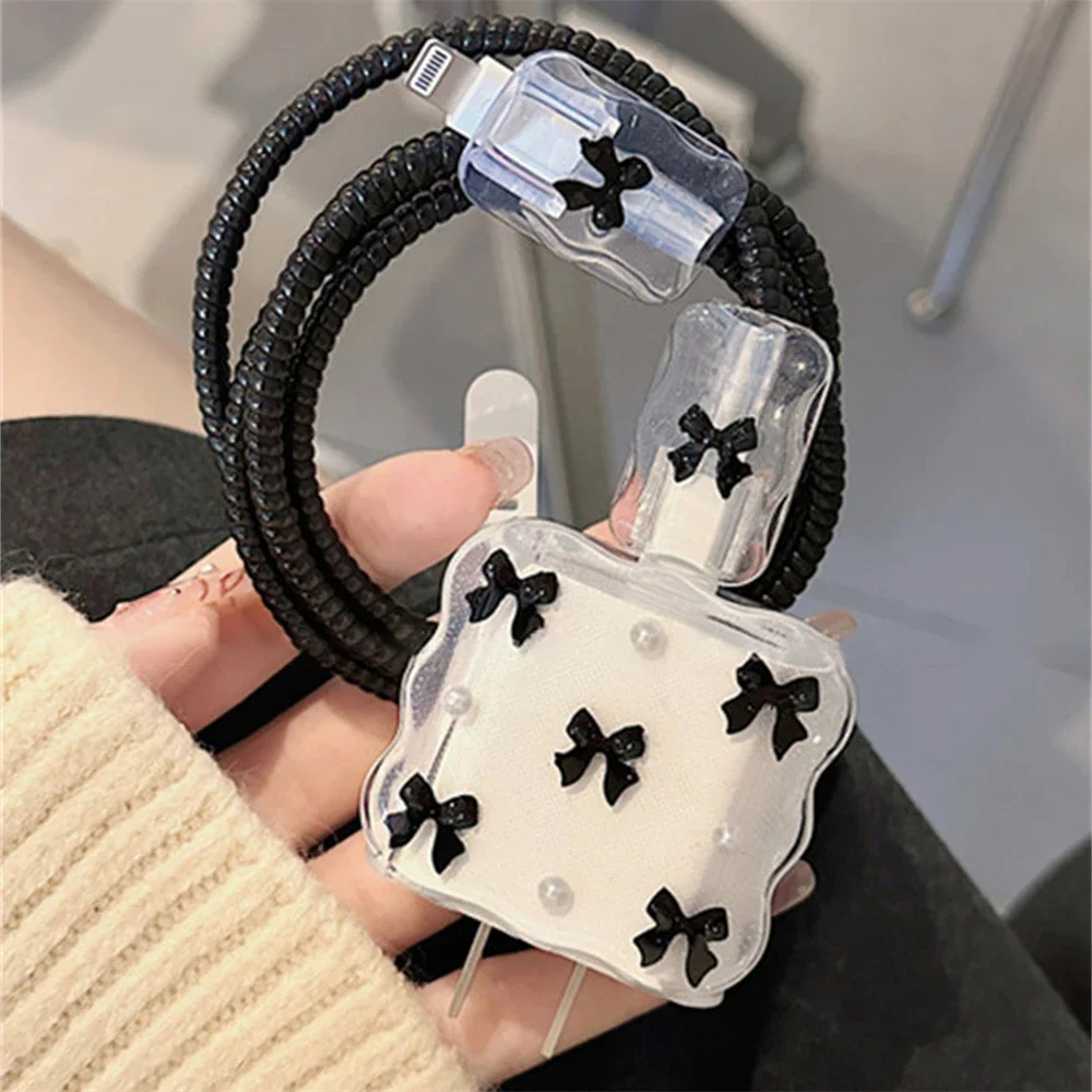 Cute 3D Pearl Little Bowknot Y2K USB Cable Protector Cover for IPhone 18W/20W Data Line Head Cord Fast Charging Case Sleeve