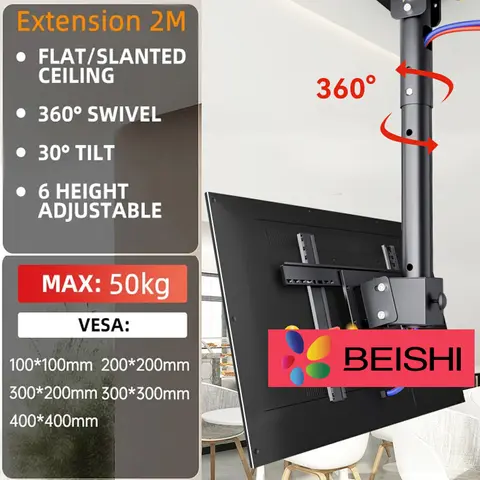 BEISHI TV 천장 마운트 조절식 브래킷은 대부분의 LED, LCD 플라즈마 평면 스크린 디스플레이에 적합 26~65인치, 최대 110Lbs 30 ° 기울기