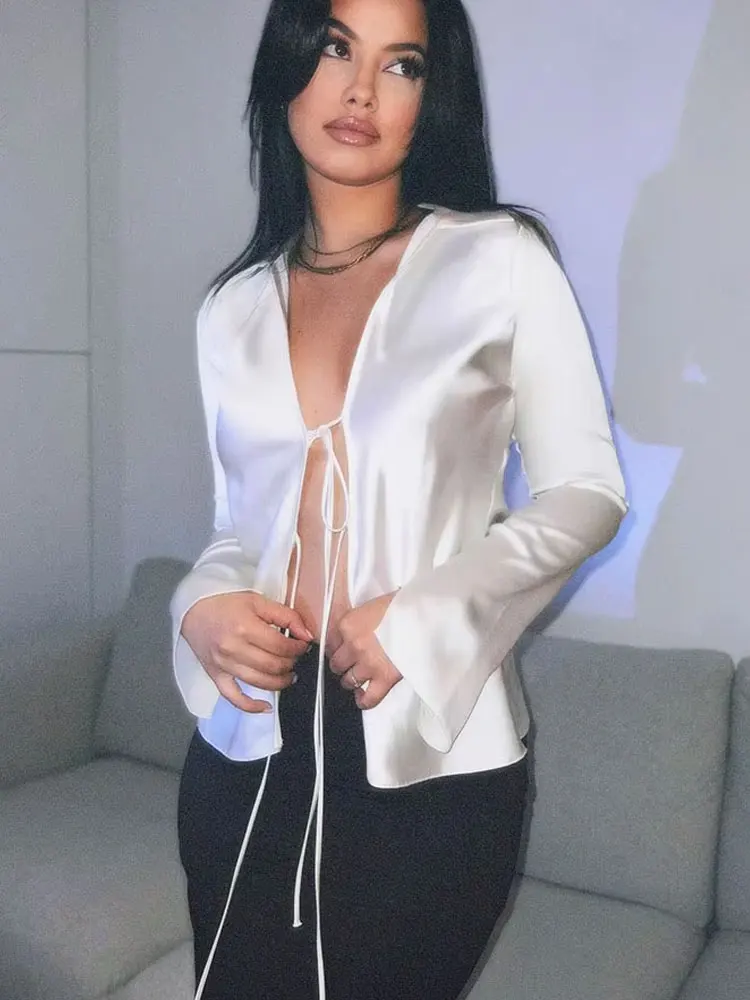 HH 2024 Female Sexy Vintage Blouse Satin Long Sleeves V-Neck Bow Street Fashion Slim Solid Tie-Up New Chic Shirts Tops