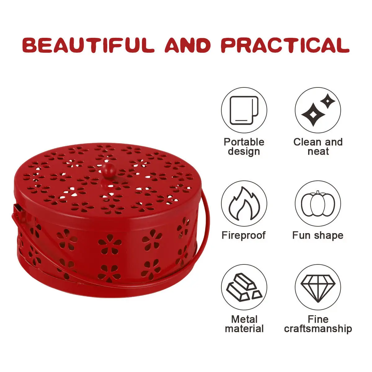 Caja de Metal Ignífuga Retro con Asa Hueca, Porta Incienso Rojo, Estuche para Quemador de Incienso, Ideal para el Hogar