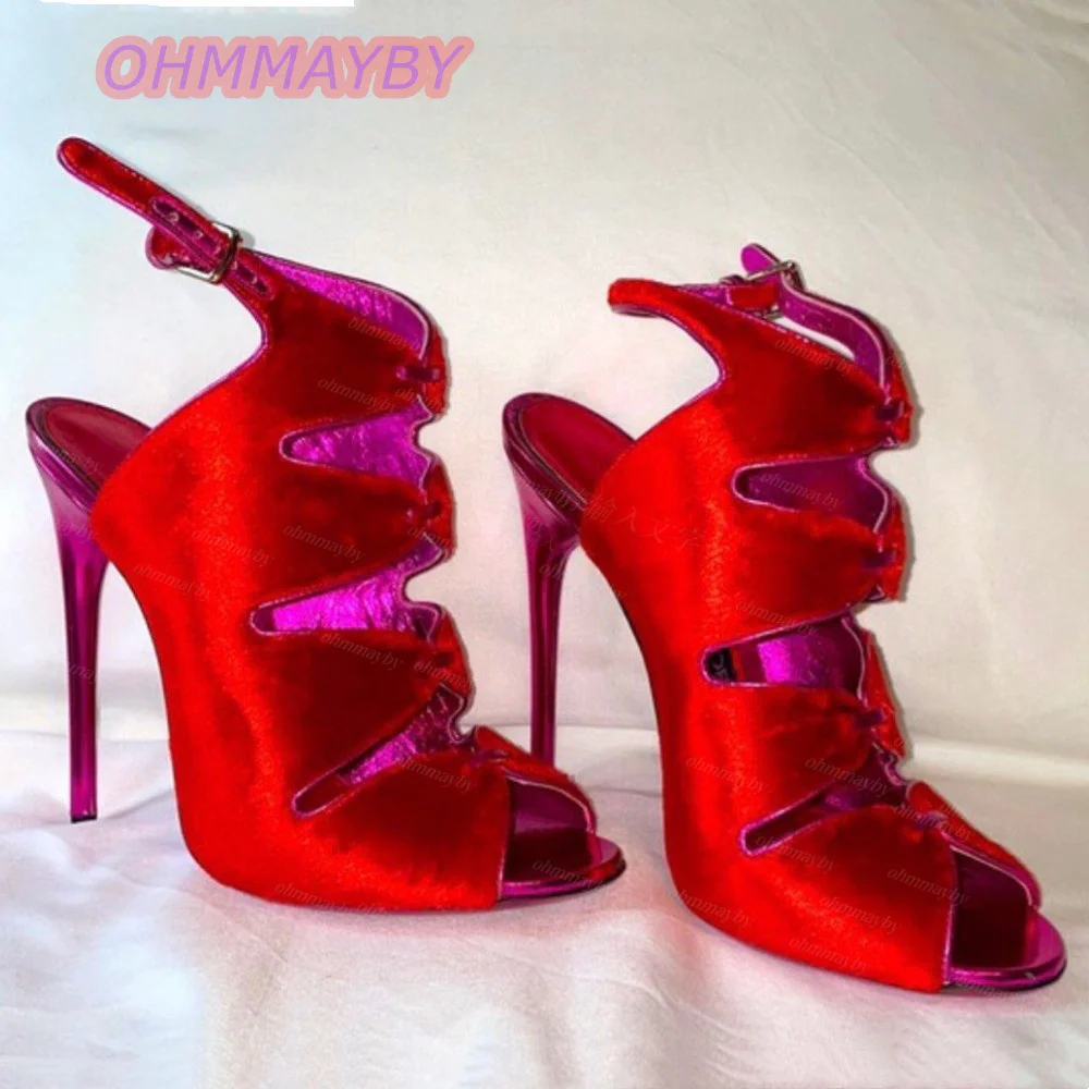 Women Red Velvet Peep Toe Sandals Cutout Cage Stiletto Heels Pink Metallic Trim Ankle Strap Sandals Party Evening Dress Shoes 47